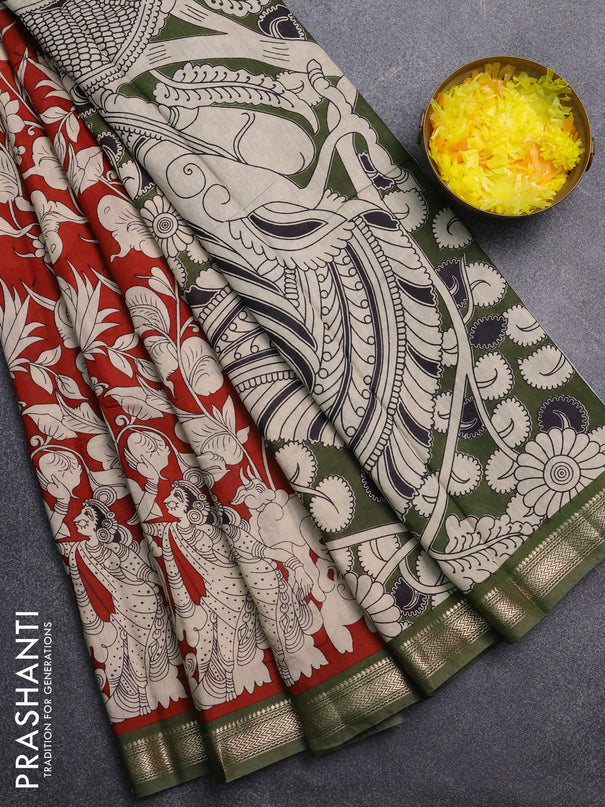 Muslin silk saree rust shade and mehendi green with allover kalamkari prints and zari woven border