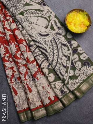 Muslin silk saree rust shade and mehendi green with allover kalamkari prints and zari woven border