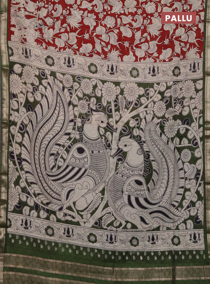 Muslin silk saree rust shade and mehendi green with allover kalamkari prints and zari woven border