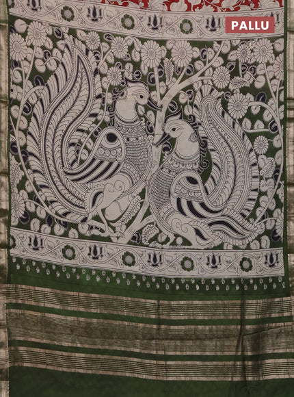 Muslin silk saree rust shade and mehendi green with allover kalamkari prints and zari woven border