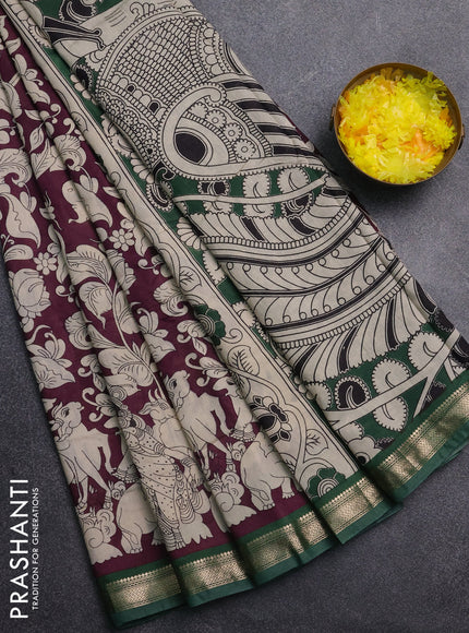 Muslin silk saree wine shade and green with allover kalamkari prints and zari woven border
