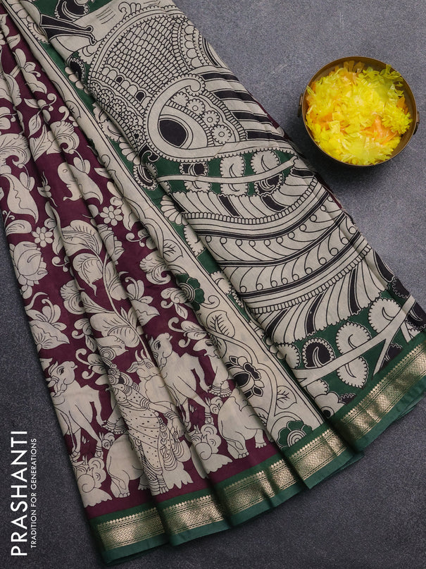 Muslin silk saree wine shade and green with allover kalamkari prints and zari woven border
