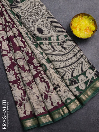 Muslin silk saree wine shade and green with allover kalamkari prints and zari woven border