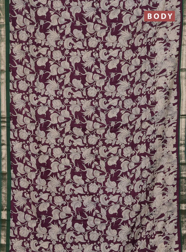 Muslin silk saree wine shade and green with allover kalamkari prints and zari woven border