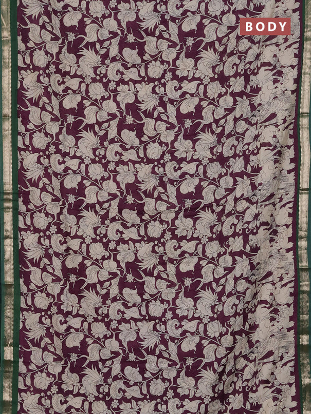 Muslin silk saree wine shade and green with allover kalamkari prints and zari woven border
