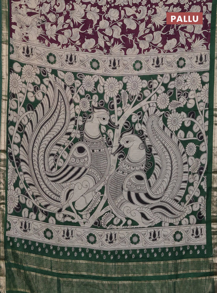 Muslin silk saree wine shade and green with allover kalamkari prints and zari woven border