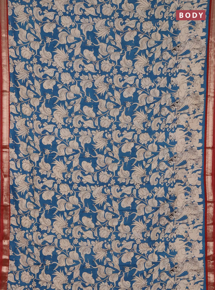 Muslin silk saree cs blue and rust shade with allover kalamkari prints and zari woven border