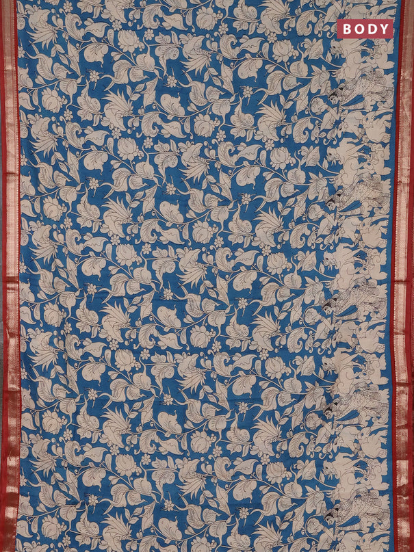 Muslin silk saree cs blue and rust shade with allover kalamkari prints and zari woven border