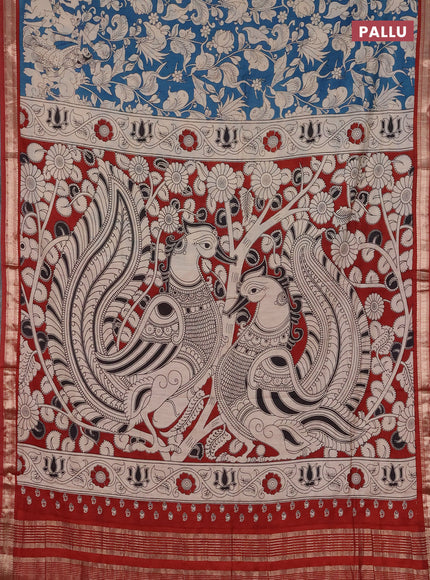 Muslin silk saree cs blue and rust shade with allover kalamkari prints and zari woven border