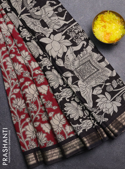 Muslin silk saree wine shade and black with allover kalamkari prints and zari woven border
