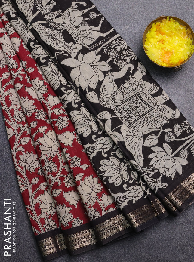 Muslin silk saree wine shade and black with allover kalamkari prints and zari woven border