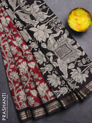 Muslin silk saree wine shade and black with allover kalamkari prints and zari woven border