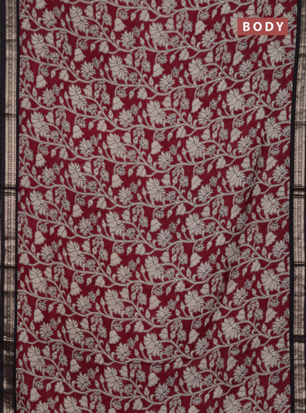 Muslin silk saree wine shade and black with allover kalamkari prints and zari woven border
