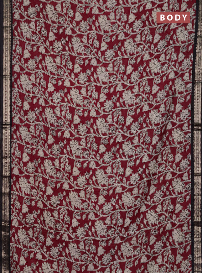 Muslin silk saree wine shade and black with allover kalamkari prints and zari woven border
