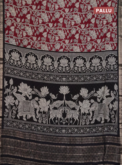 Muslin silk saree wine shade and black with allover kalamkari prints and zari woven border