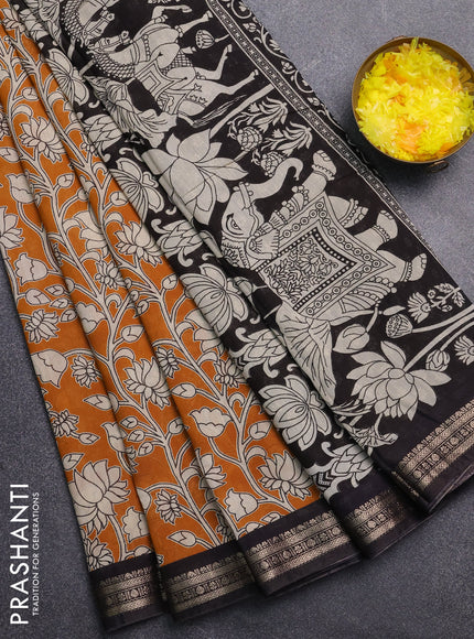 Muslin silk saree dark mustard and black with allover kalamkari prints and zari woven border