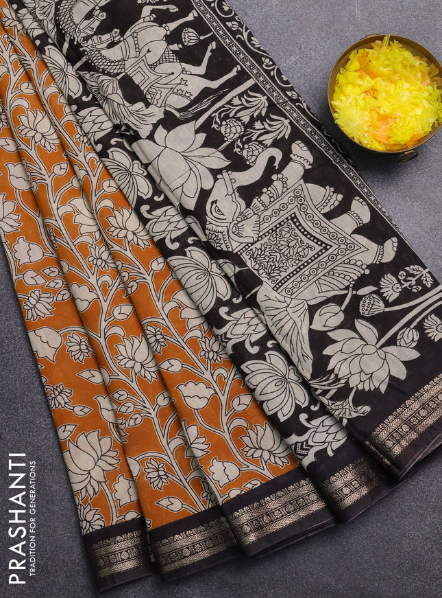Muslin silk saree dark mustard and black with allover kalamkari prints and zari woven border