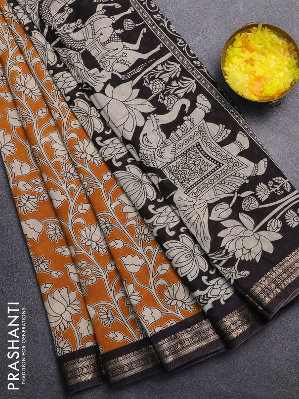 Muslin silk saree dark mustard and black with allover kalamkari prints and zari woven border