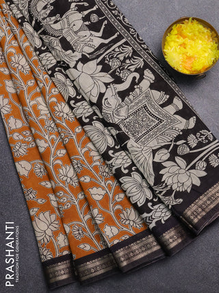 Muslin silk saree dark mustard and black with allover kalamkari prints and zari woven border