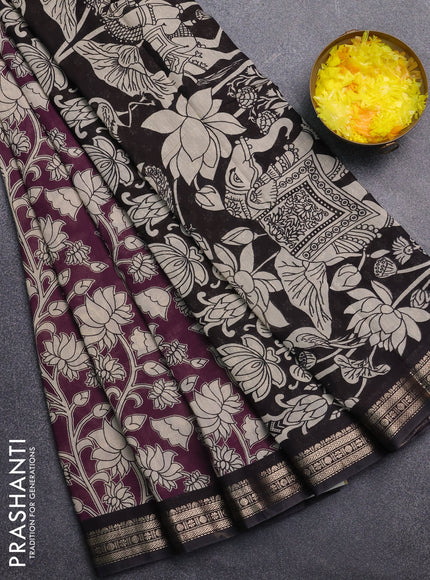 Muslin silk saree wine shade and black with allover kalamkari prints and zari woven border