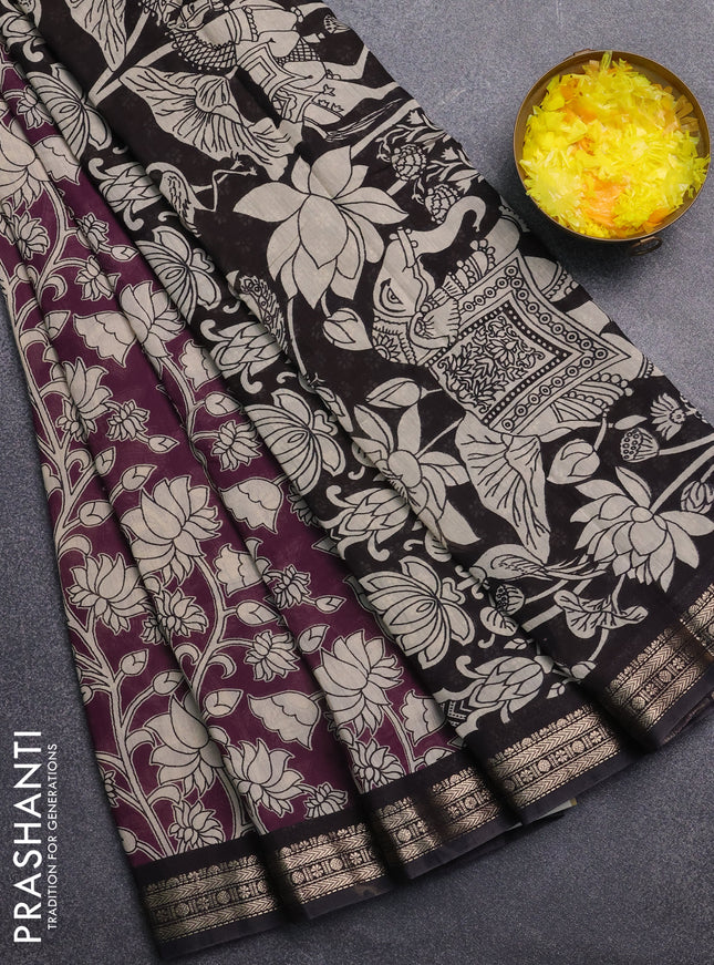 Muslin silk saree wine shade and black with allover kalamkari prints and zari woven border