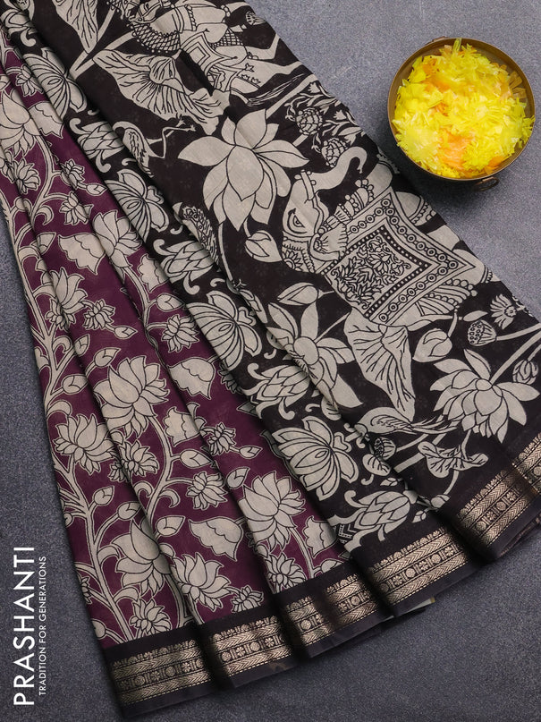 Muslin silk saree wine shade and black with allover kalamkari prints and zari woven border