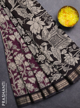 Muslin silk saree wine shade and black with allover kalamkari prints and zari woven border