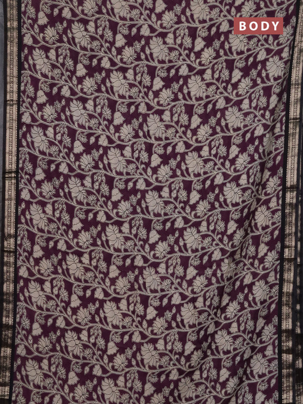 Muslin silk saree wine shade and black with allover kalamkari prints and zari woven border