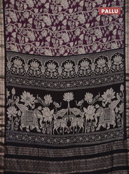 Muslin silk saree wine shade and black with allover kalamkari prints and zari woven border