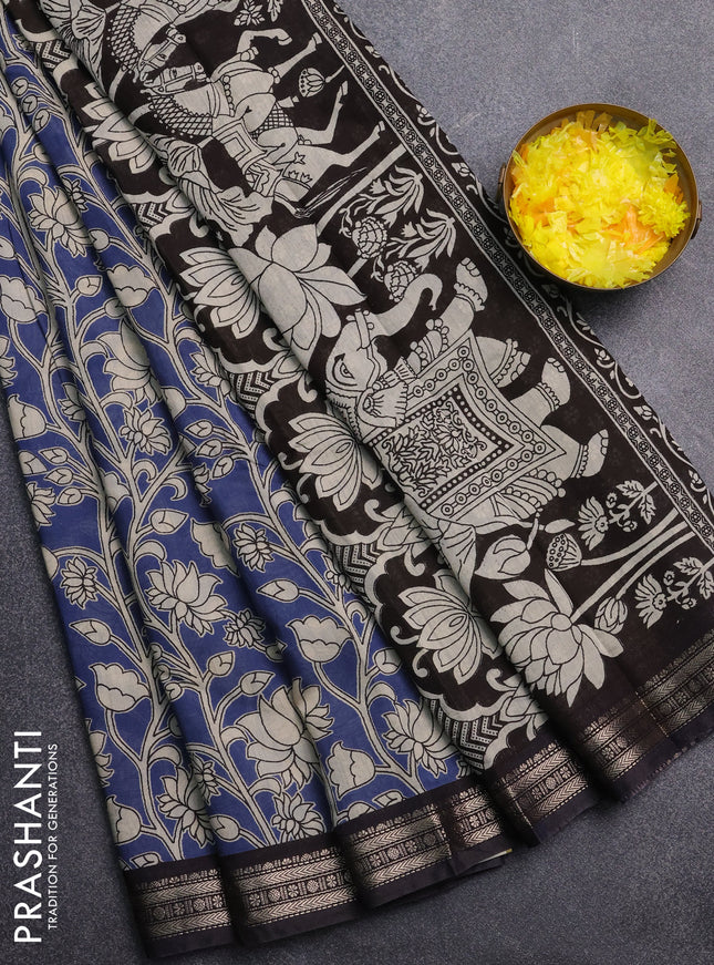 Muslin silk saree blue and black with allover kalamkari prints and zari woven border