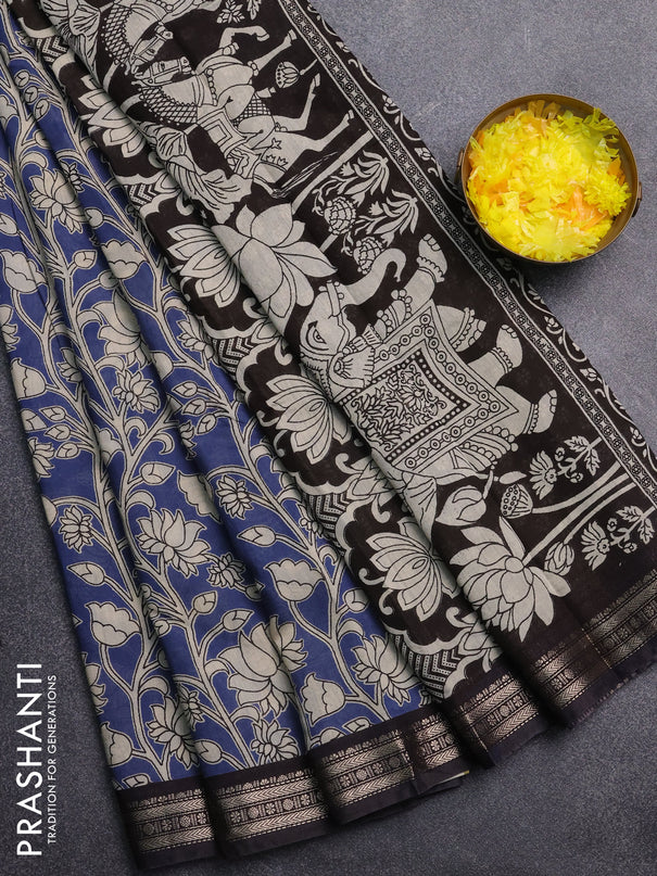 Muslin silk saree blue and black with allover kalamkari prints and zari woven border