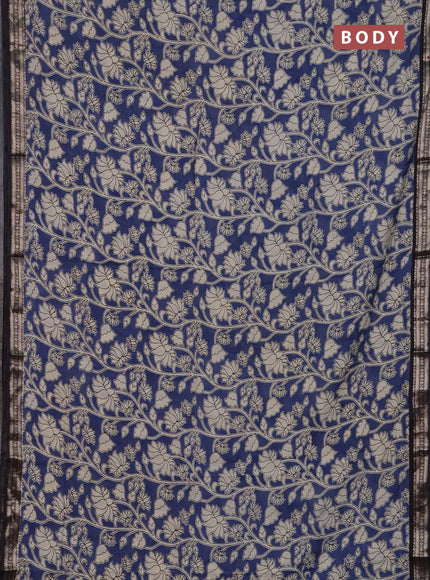 Muslin silk saree blue and black with allover kalamkari prints and zari woven border