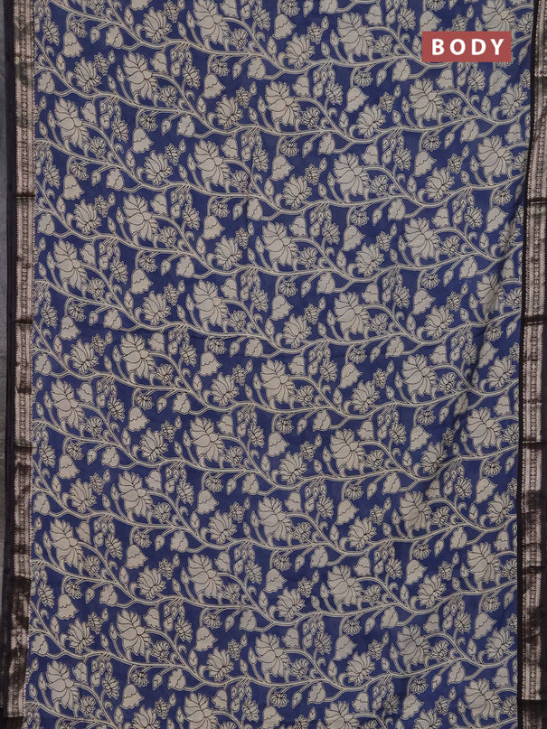 Muslin silk saree blue and black with allover kalamkari prints and zari woven border
