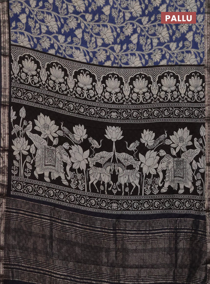 Muslin silk saree blue and black with allover kalamkari prints and zari woven border