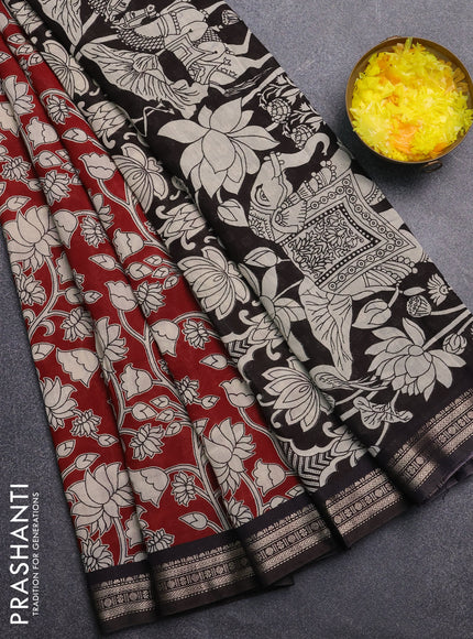 Muslin silk saree maroon and black with allover kalamkari prints and zari woven border