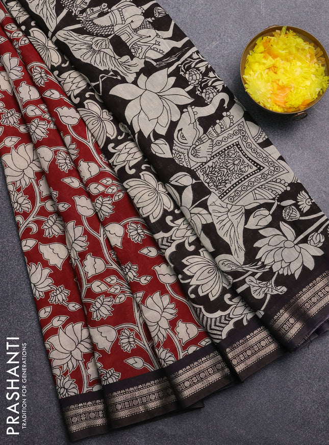 Muslin silk saree maroon and black with allover kalamkari prints and zari woven border