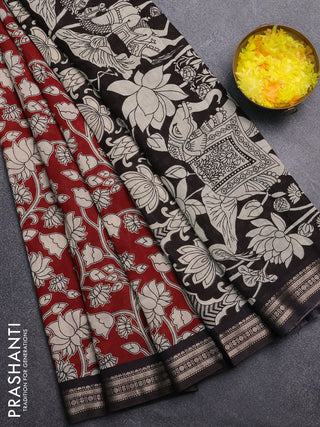 Muslin silk saree maroon and black with allover kalamkari prints and zari woven border