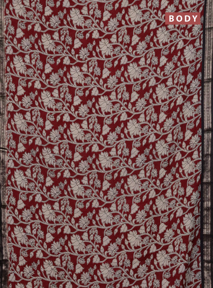 Muslin silk saree maroon and black with allover kalamkari prints and zari woven border