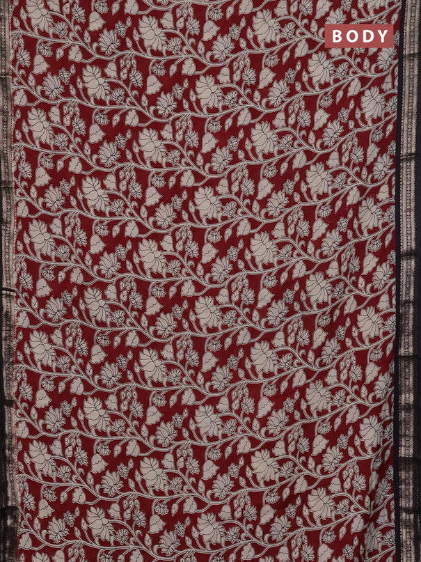 Muslin silk saree maroon and black with allover kalamkari prints and zari woven border
