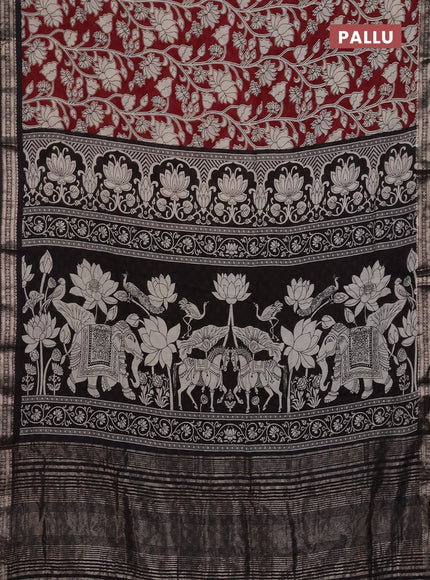 Muslin silk saree maroon and black with allover kalamkari prints and zari woven border