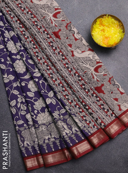 Muslin silk saree jamun shade and maroon with allover kalamkari prints and zari woven border