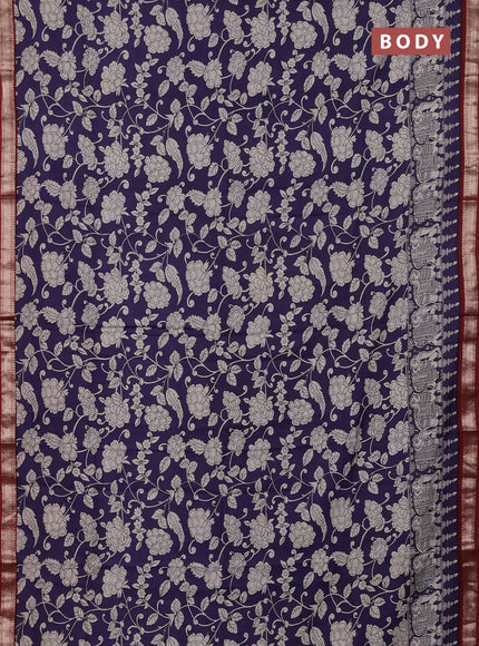 Muslin silk saree jamun shade and maroon with allover kalamkari prints and zari woven border