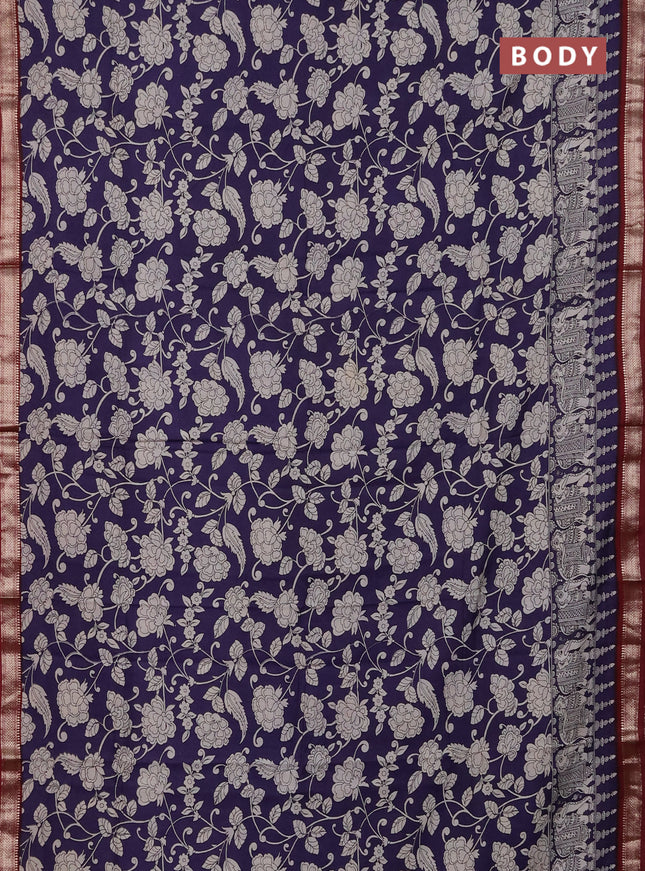 Muslin silk saree jamun shade and maroon with allover kalamkari prints and zari woven border