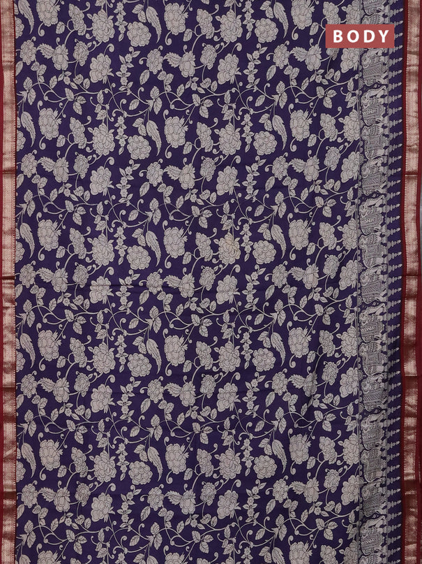Muslin silk saree jamun shade and maroon with allover kalamkari prints and zari woven border