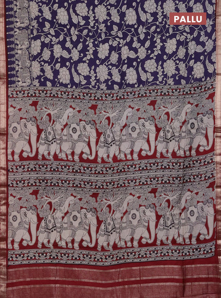 Muslin silk saree jamun shade and maroon with allover kalamkari prints and zari woven border