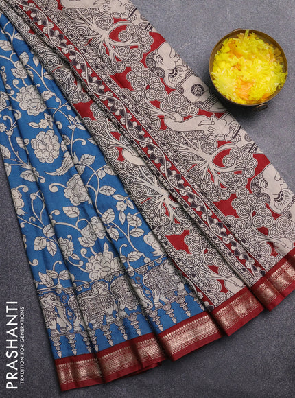 Muslin silk saree cs blue and maroon with allover kalamkari prints and zari woven border