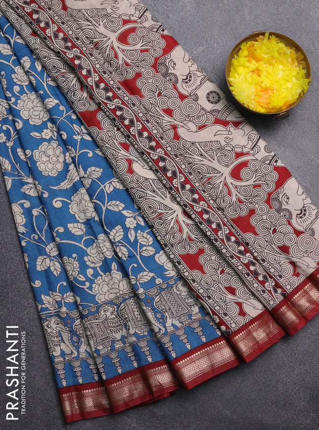 Muslin silk saree cs blue and maroon with allover kalamkari prints and zari woven border