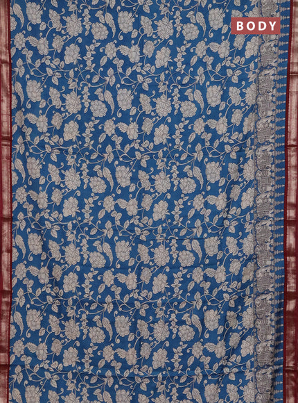 Muslin silk saree cs blue and maroon with allover kalamkari prints and zari woven border
