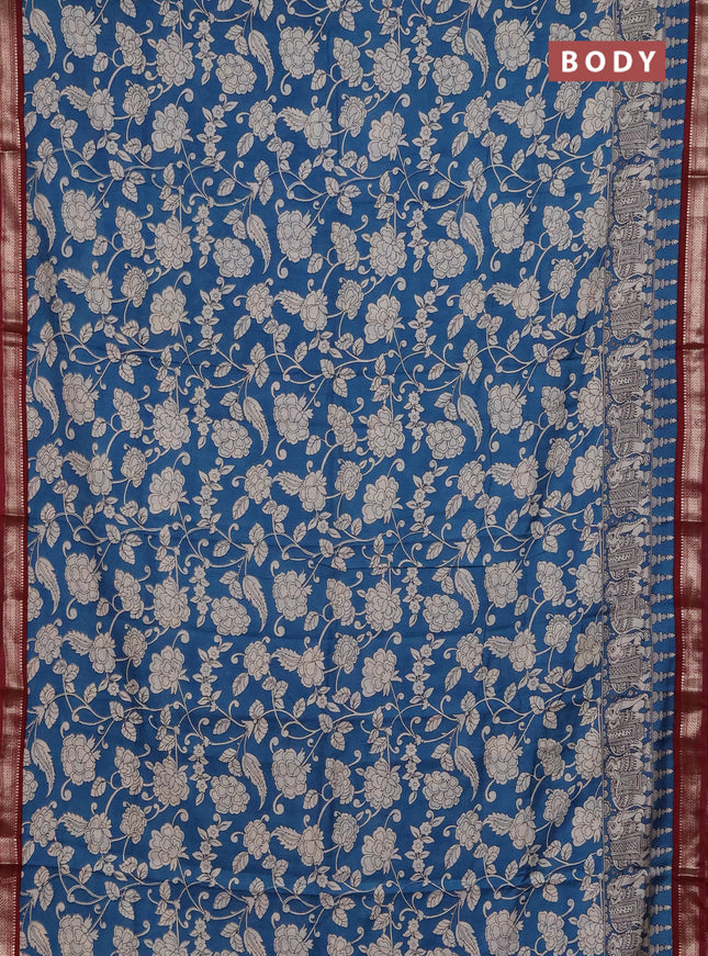 Muslin silk saree cs blue and maroon with allover kalamkari prints and zari woven border