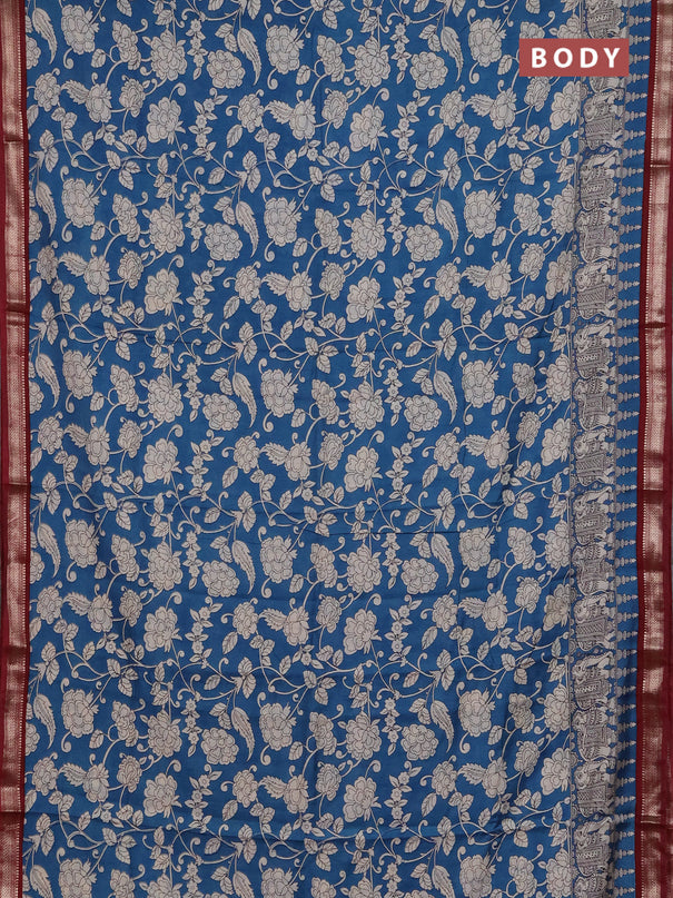 Muslin silk saree cs blue and maroon with allover kalamkari prints and zari woven border